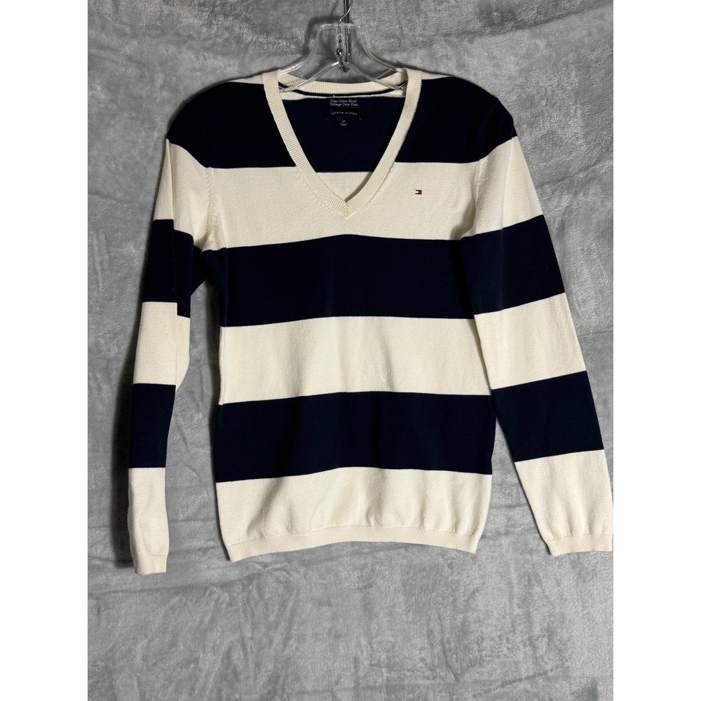 Tommy Hilfiger Womens Pima Cotton Blend Striped V-Neck Sweater Navy Cream S
